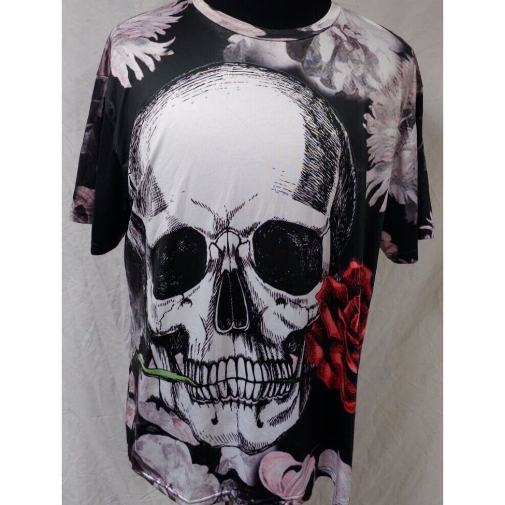 ZooTop Bear 2XL Black Multicolor Skull With Rose Flower Graphic Tee Shirt